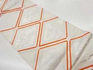 渡文製　襷に菱・秋草模様織出し全通袋帯